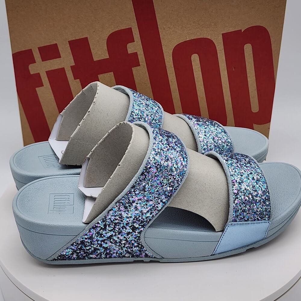 NEW - FitFlop Lulu Women’s Quiet Blue Glitter Wedge Sandals Comfort Size 10 - Picture 2 of 8